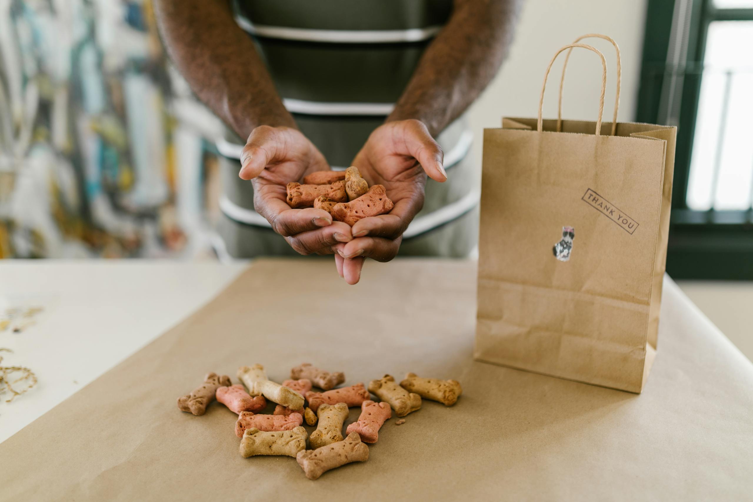 Heim Hands holding colorful dog treats next to a thank you paper bag on a table.